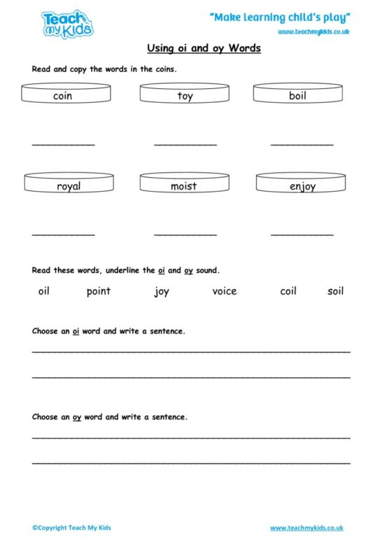 Worksheets for kids - using-oi-and-oy-words